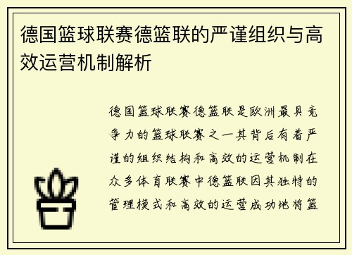 德国篮球联赛德篮联的严谨组织与高效运营机制解析