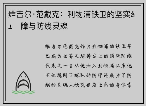 维吉尔·范戴克：利物浦铁卫的坚实屏障与防线灵魂