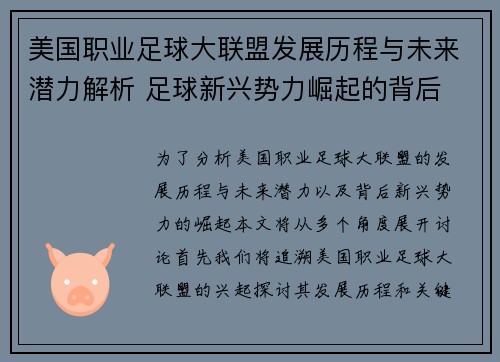 美国职业足球大联盟发展历程与未来潜力解析 足球新兴势力崛起的背后