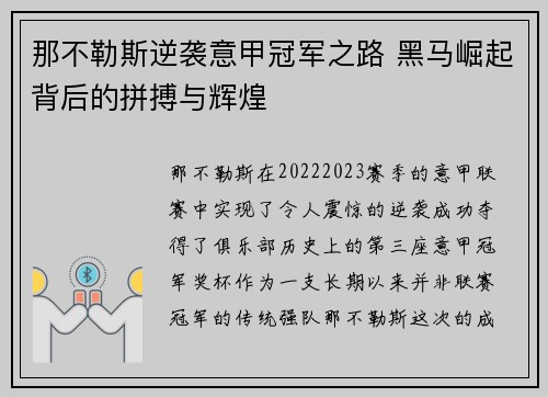 那不勒斯逆袭意甲冠军之路 黑马崛起背后的拼搏与辉煌