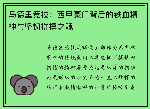 马德里竞技：西甲豪门背后的铁血精神与坚韧拼搏之魂