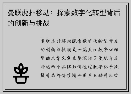 曼联虎扑移动：探索数字化转型背后的创新与挑战